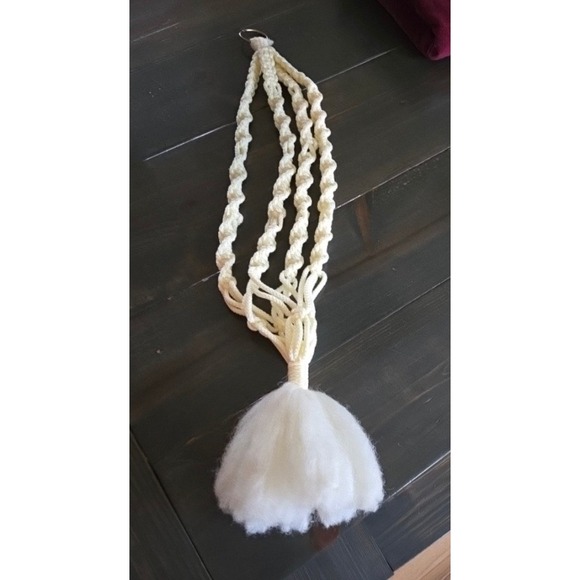 Other - Vintage Macrame Plant Hanger Ivory Spiral Knot Boho Decor with Fluffy Tassel 31"
